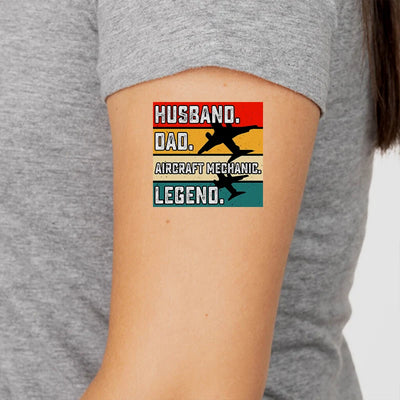 Husband & Dad & Aircraft Mechanic & Legend aviation temporary tattoo in skin-safe adhesive paper.