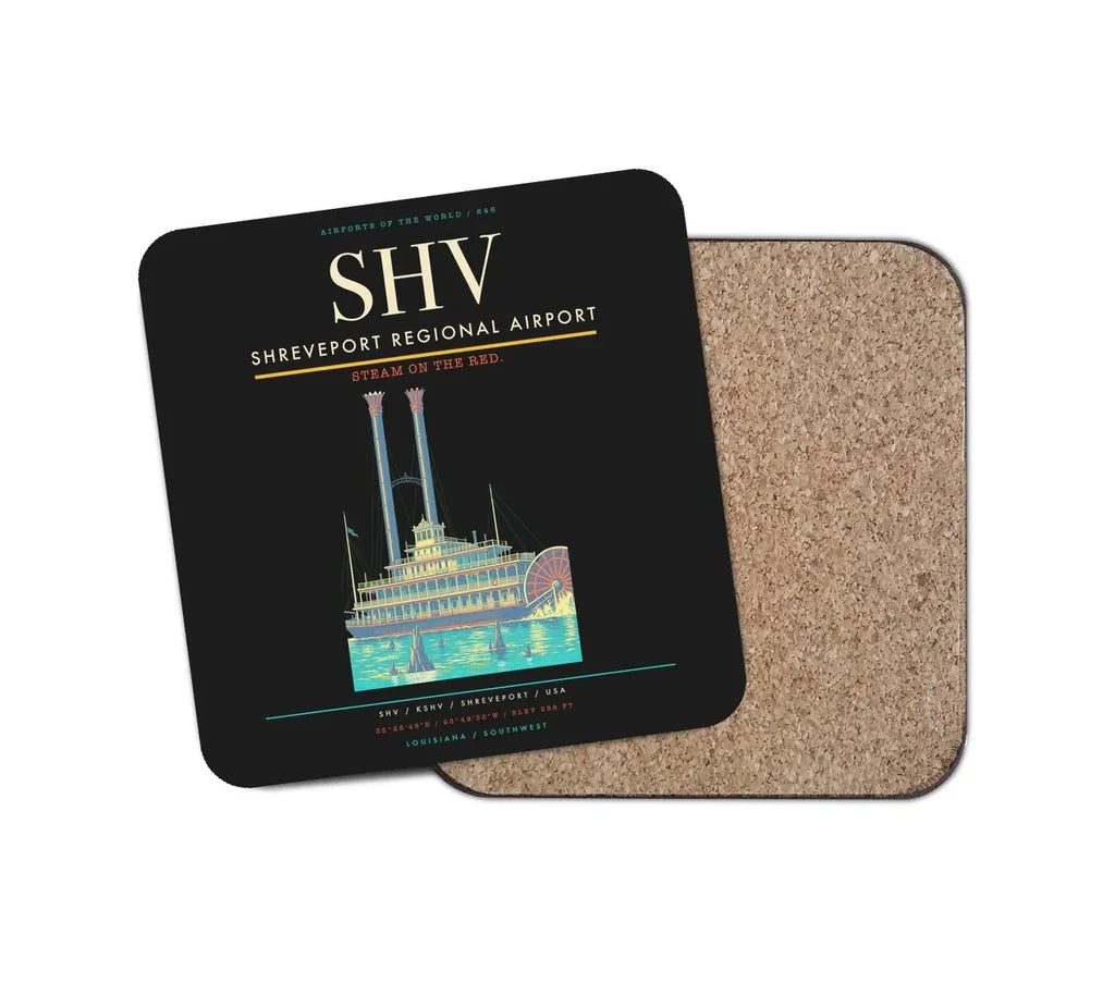 Shreveport Regional Airport (SHV) design on black 1 piece coaster