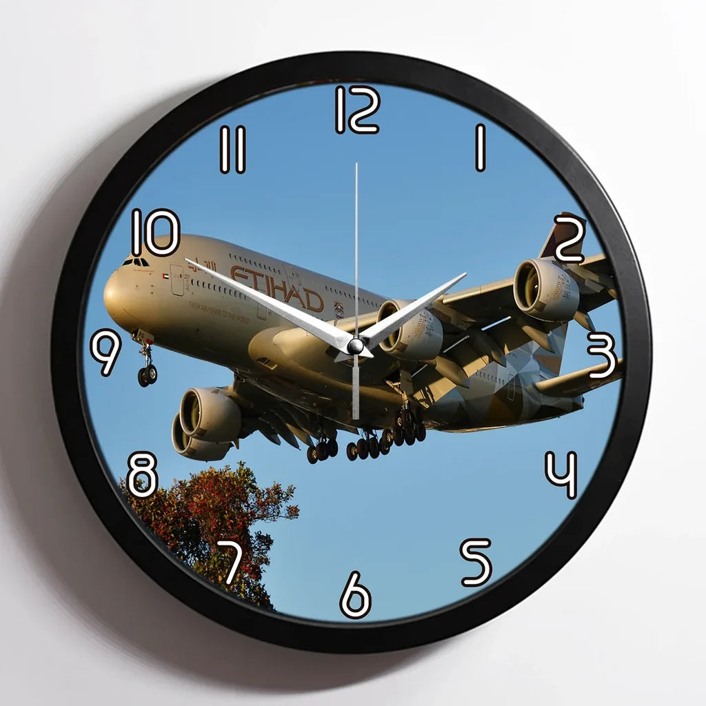 Etihad Airways A380 aviation design on premium wood and metal wall clock.