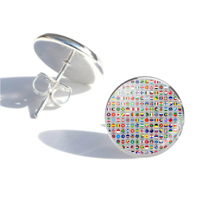 220 World's Flags aviation-themed stud earrings, polished stainless steel.
