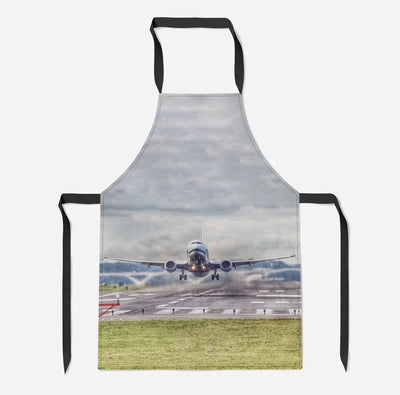 Departing Boeing 737 aviation design on durable cotton blend kitchen apron.