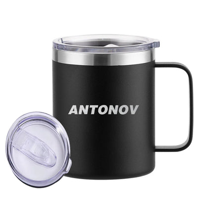 Antonov & Text aviation design on laser-engraved mug, permanent laser engraving on stainless.