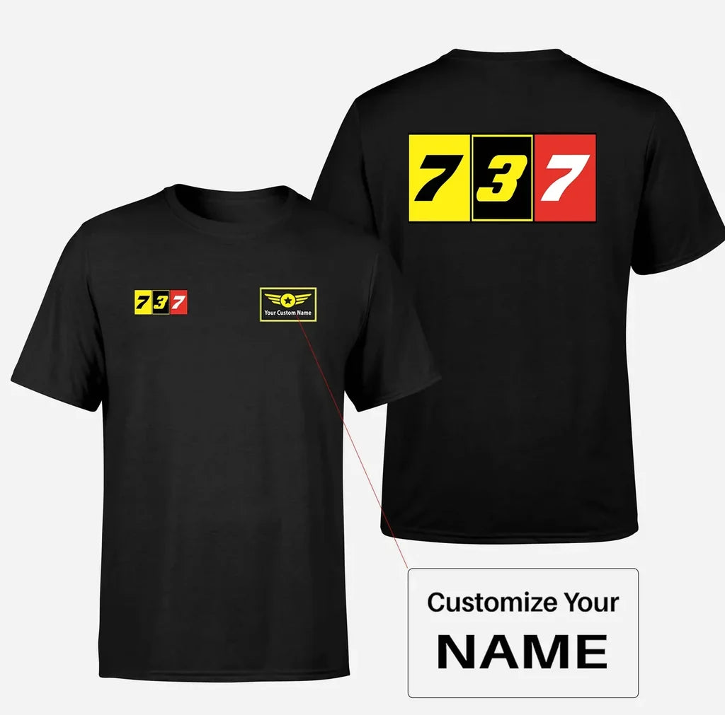 Flat Colourful 737 aviation design printed on soft cotton double-side print T-shirt.