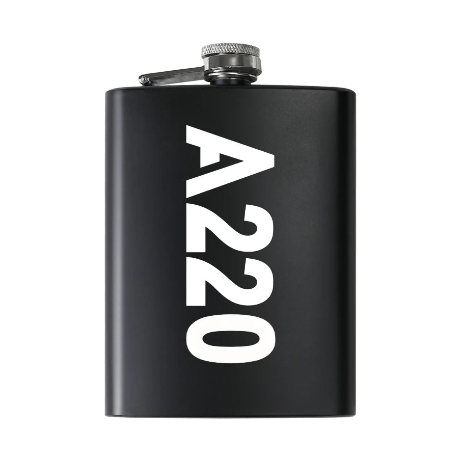 Airbus A220 Text aviation design on stainless hip flask, compact pocket-size flask.