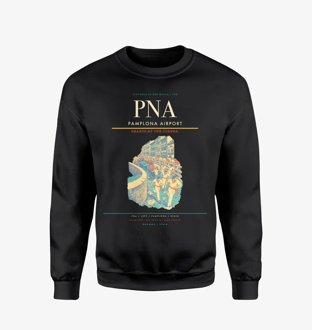 Pamplona Airport (PNA) design on black sweatshirt