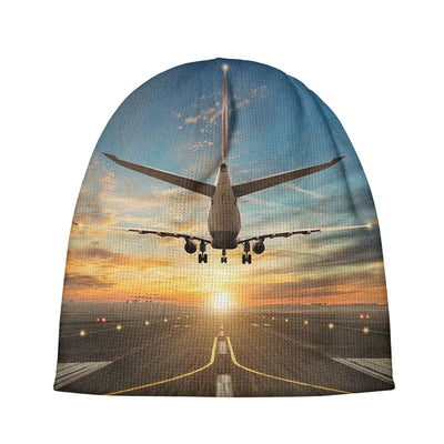 Airplane over Runway Towards the Sunrise aviation embroidery on soft knit fabric 3D knit beanie.