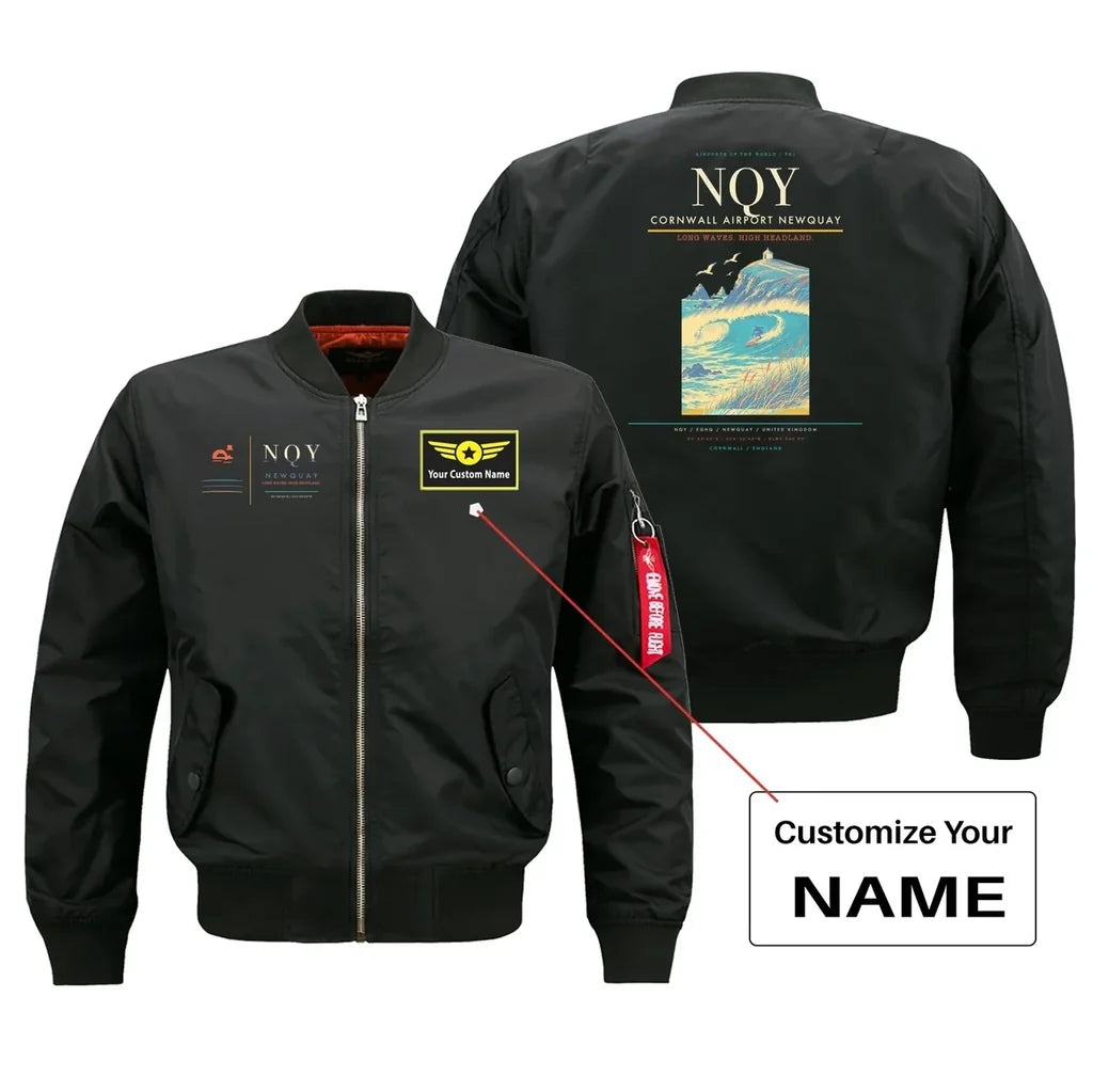 Cornwall Airport Newquay (NQY) design on black bomber jacket with custom name patch