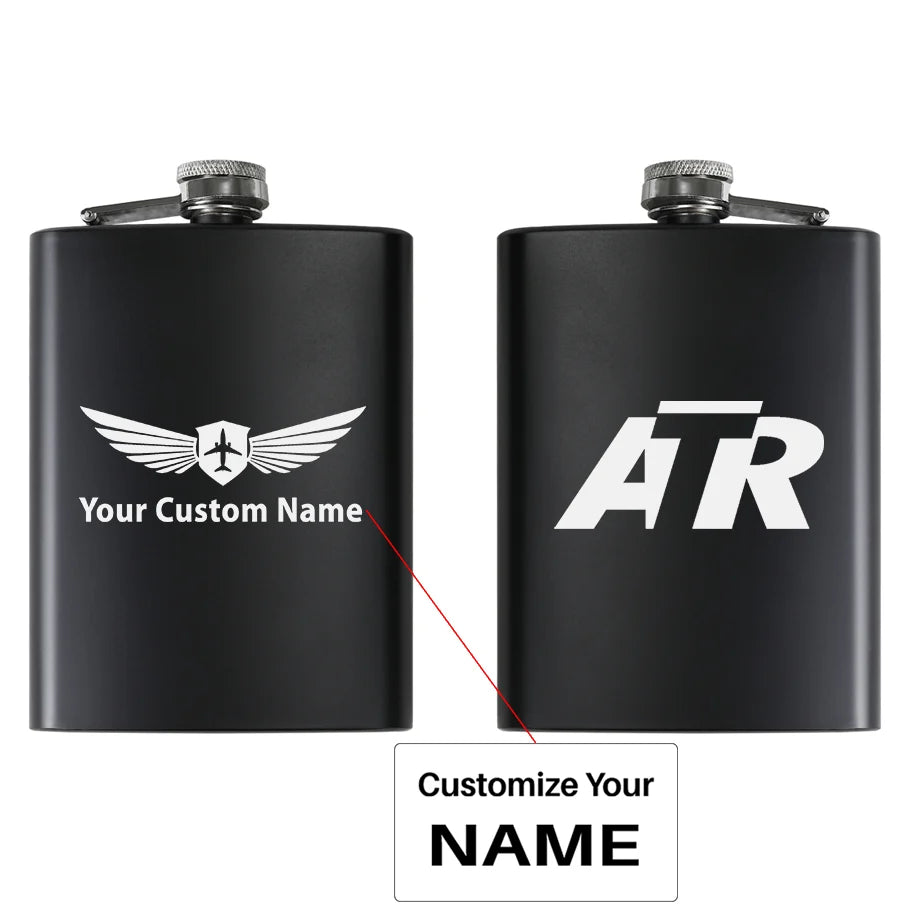 ATR & Text aviation design on stainless hip flask, compact pocket-size flask.