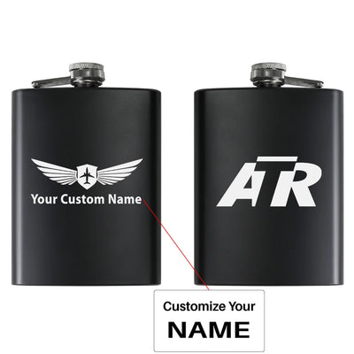 ATR & Text aviation design on stainless hip flask, compact pocket-size flask.