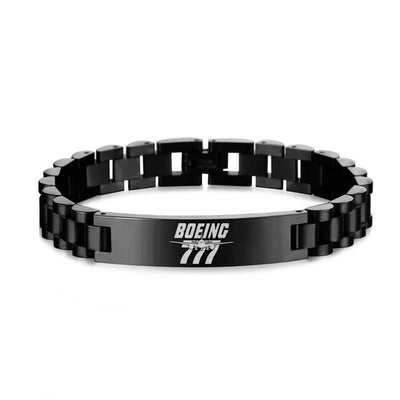 Side view of Amazing Boeing 777 aviation chain bracelet in stainless steel, polished finish.