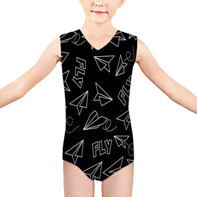 Paper Airplane & Fly Black aviation print on kids quick-dry fabric swimsuit.