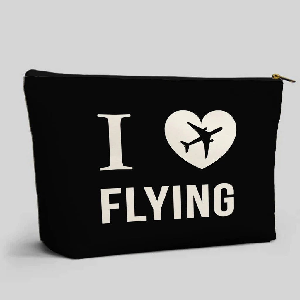 I Love Flying aviation design zipper pouch, durable polyester construction.