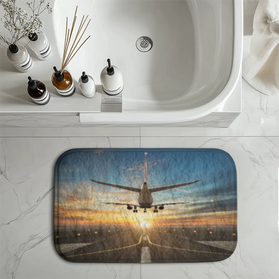 Airplane over Runway Towards the Sunrise aviation design on soft absorbent fabric with non-slip backing bath mat.