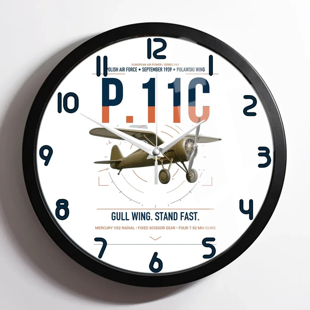 PZL P.11c design on white framed wall clock