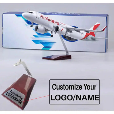 Side view of Air Arabia Airbus A320Neo Airplane Model (47CM) aviation LED model airplane in diecast metal with LED lighting.