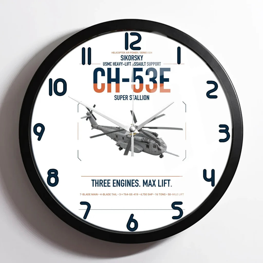 Sikorsky CH-53E Super Stallion design on white framed wall clock