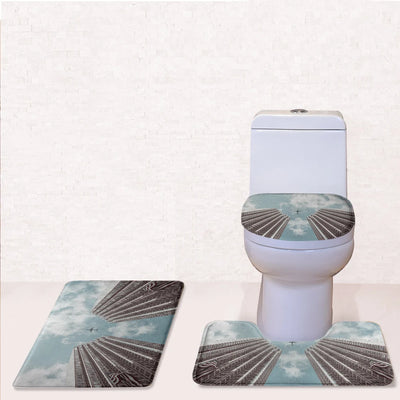 Airplane Flying over Big Buildings Toilet Seat Cover Three-piece aviation print on soft fabric toilet seat cover set.