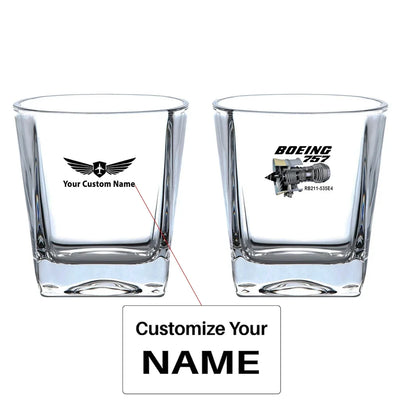 Boeing 757 & Rolls Royce Engine (RB211) aviation design on whiskey glass, crystal-clear premium glassware.