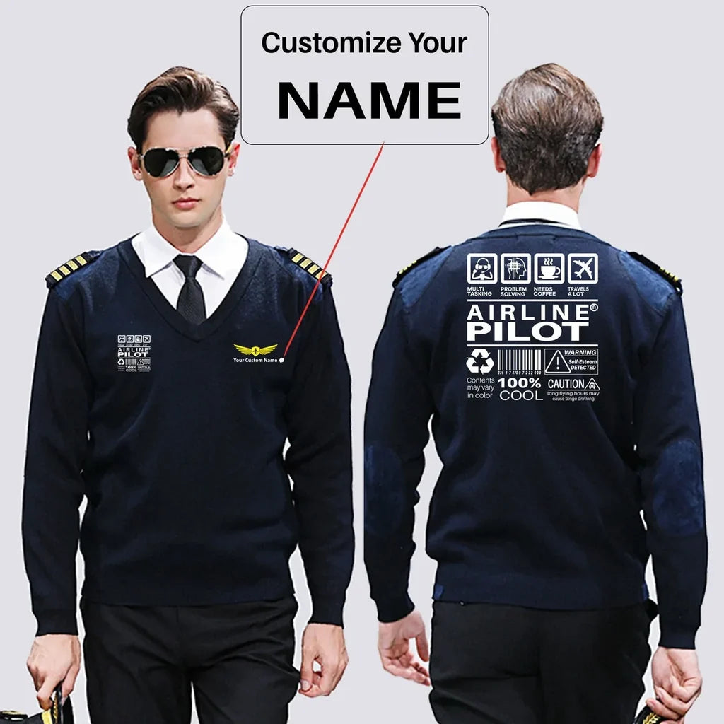 Airline Pilot Label aviation design on premium wool blend wool pilot sweater.