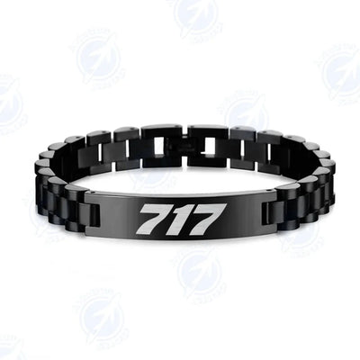 Side view of Boeing 717 Flat Text aviation chain bracelet in stainless steel, polished finish.