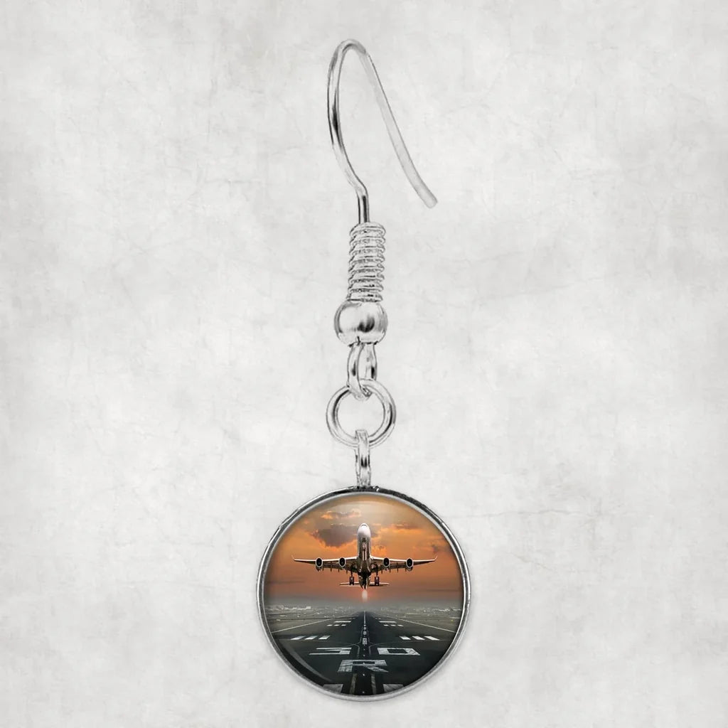 Side view of Aircraft Departing from RW30 aviation earrings in hypoallergenic alloy, polished finish.