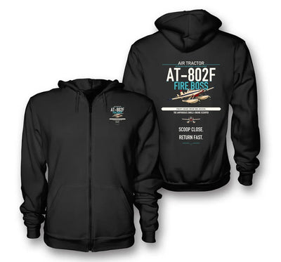 Air Tractor AT-802F Fire Boss design on black premium zipped hoodie, double-side print