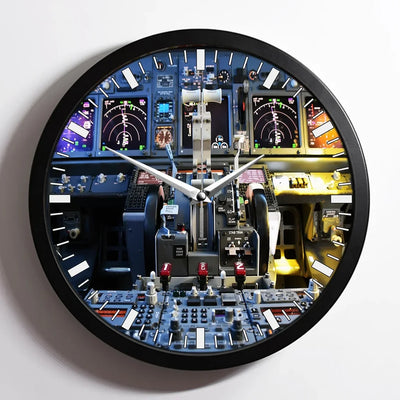 Boeing 737 Cockpit aviation design on premium wood and metal wall clock.