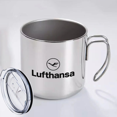Lufthansa Airlines aviation design on portable mug, vacuum-insulated double-wall.
