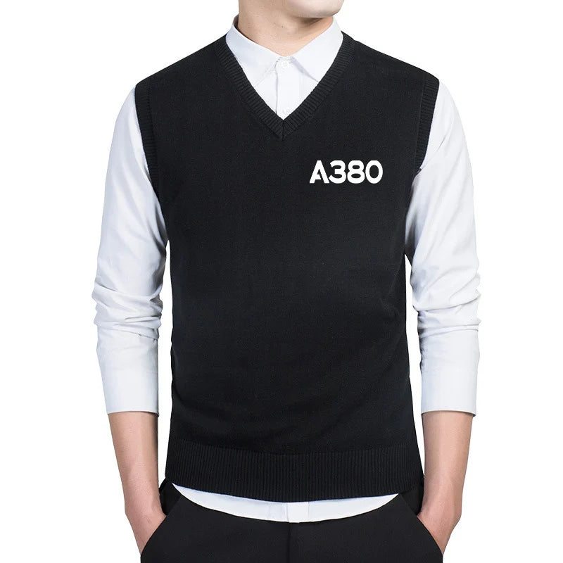 Airbus A380 Flat Text Sweater aviation design printed on soft knit with sleeveless v-neck sweater vest.
