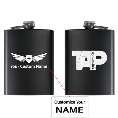TAP Portugal Airlines aviation design on stainless hip flask, compact pocket-size flask.
