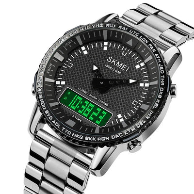 Multifunctional Trendy Electronic Watch Three Time Outdoor Sports Watch aviation stainless steel accessory in stainless steel.