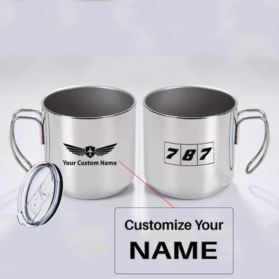 Flat Colourful 787 aviation design on portable mug, vacuum-insulated double-wall.