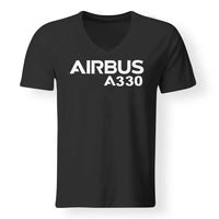Thumbnail for Airbus A330 & Text aviation design printed on soft cotton V-neck T-shirt.