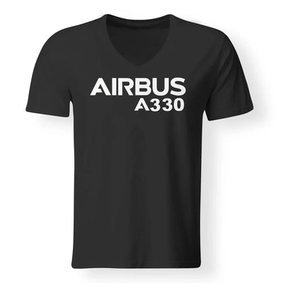 Airbus A330 & Text aviation design printed on soft cotton V-neck T-shirt.