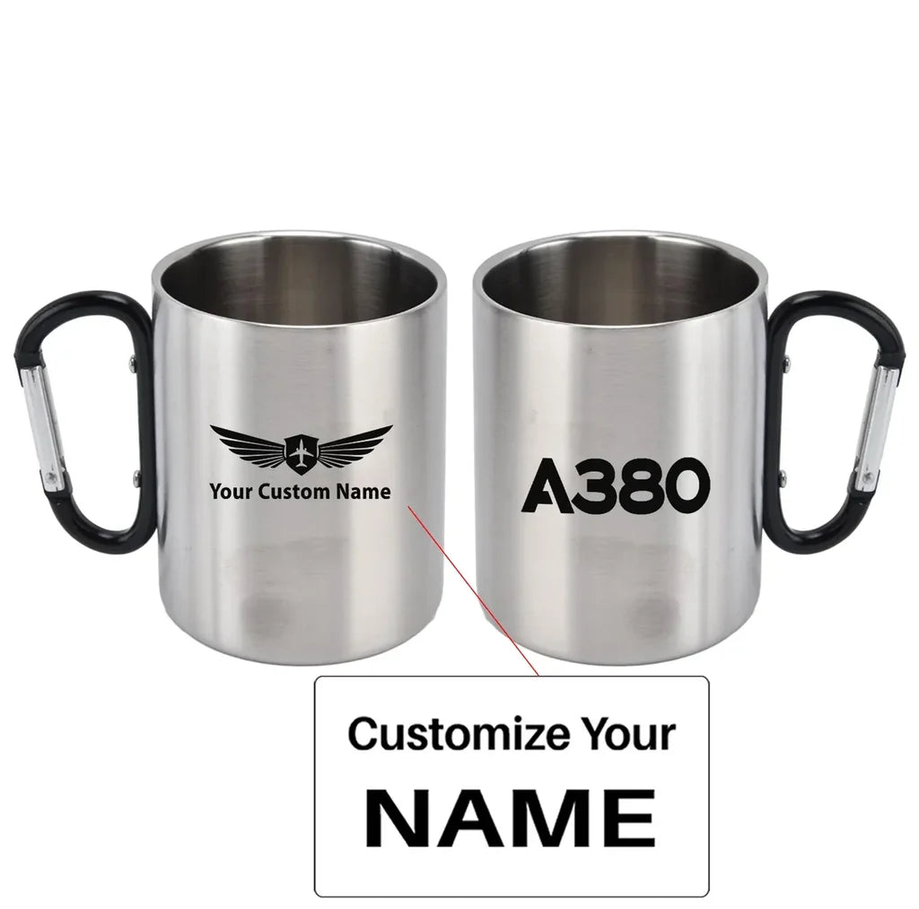 Airbus A380 Flat Text aviation design on outdoor mug, durable insulated construction.