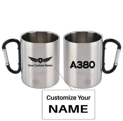 Airbus A380 Flat Text aviation design on outdoor mug, durable insulated construction.