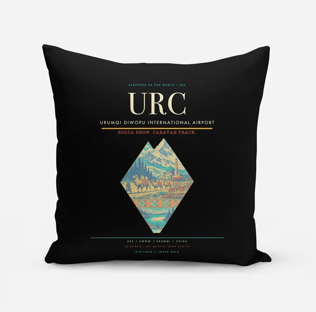 Urumqi Diwopu International Airport (URC) design on black pillow