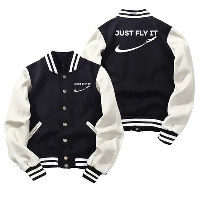 Just Fly It 2 Baseball Style aviation design printed on two-tone shell with ribbed cuffs baseball jacket.