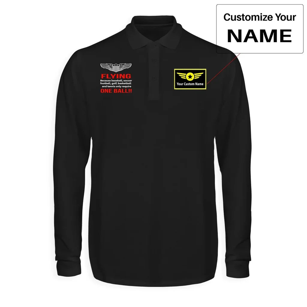 Flying One Ball aviation design printed on soft cotton long-sleeve polo shirt.