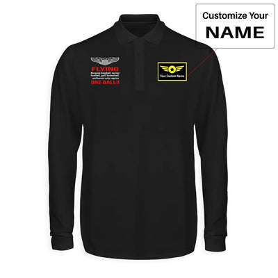 Flying One Ball aviation design printed on soft cotton long-sleeve polo shirt.