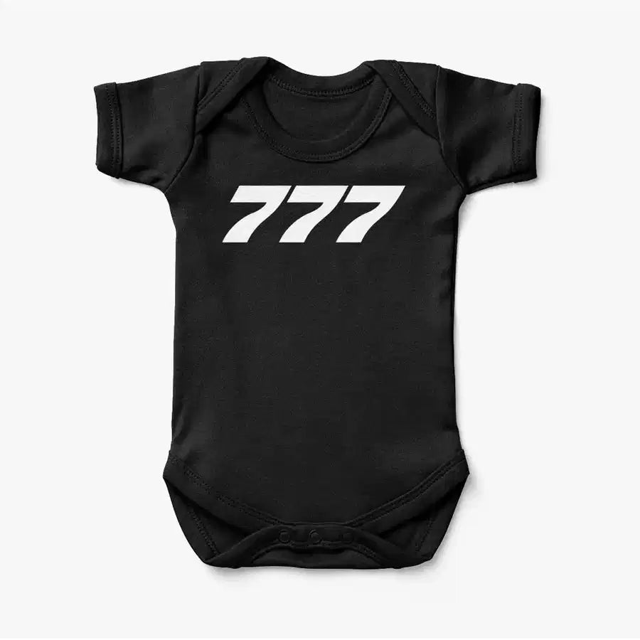 Boeing 777 Flat Text aviation print on kids gentle cotton bodysuit.