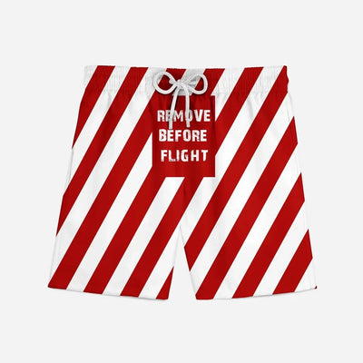 Special Edition Remove Before Flight aviation design on quick-dry polyester swim trunks.
