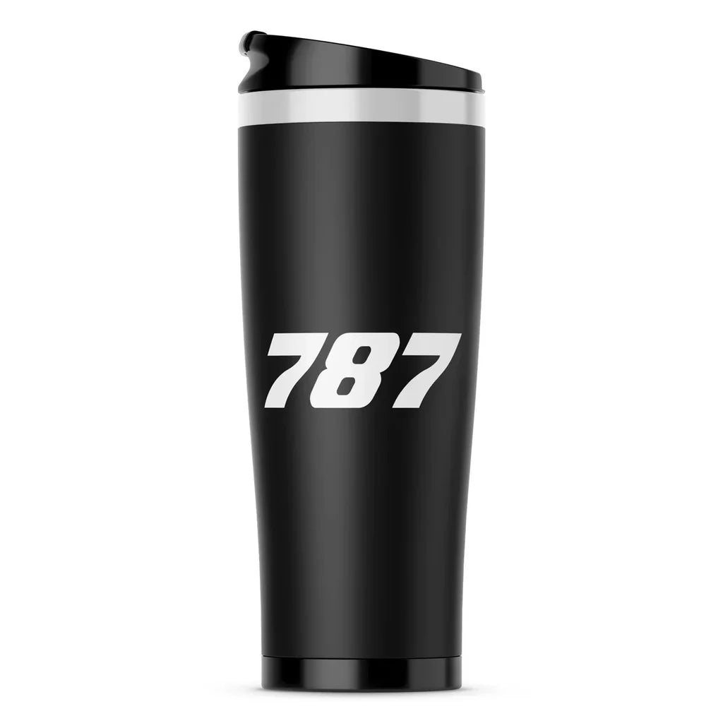 Boeing 787 Flat Text aviation design on travel mug no-holder, insulated double-wall.