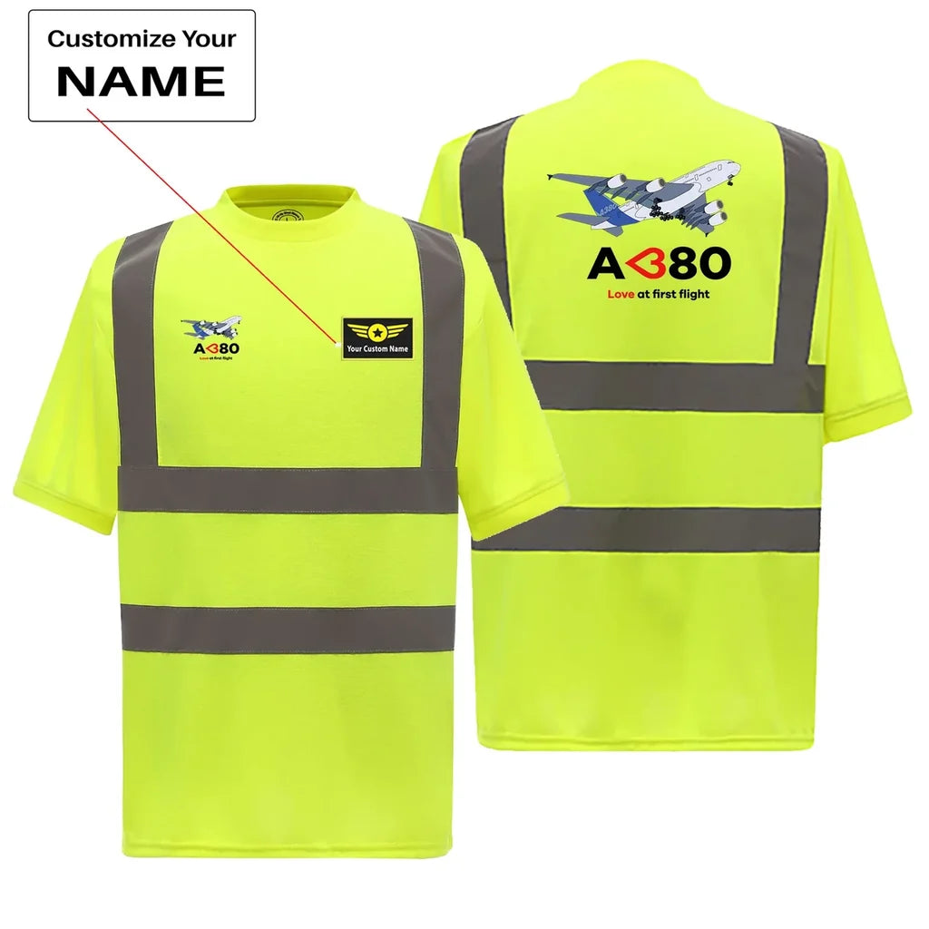 Airbus A380 Love at first flight aviation design printed on soft cotton reflective T-shirt.