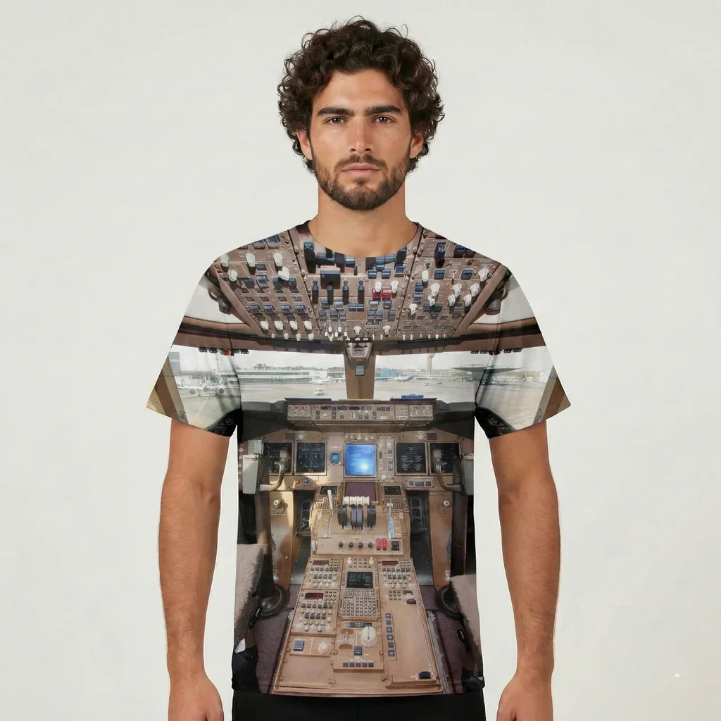 Boeing 747 Cockpit Printed aviation design printed on soft cotton 3D-print T-shirt.