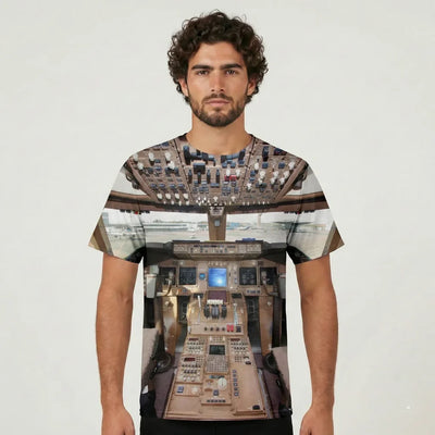 Boeing 747 Cockpit Printed aviation design printed on soft cotton 3D-print T-shirt.