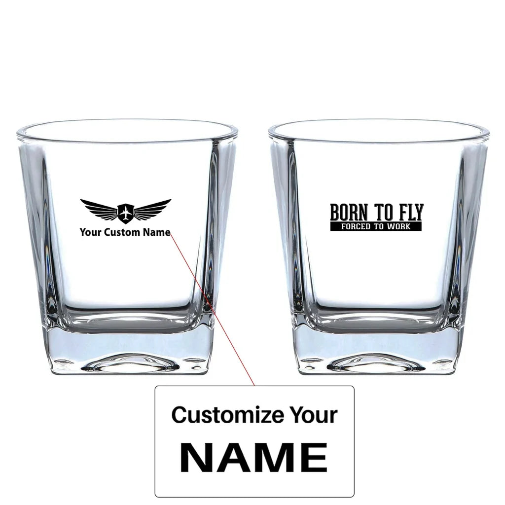 Born To Fly Forced To Work aviation design on whiskey glass, crystal-clear premium glassware.