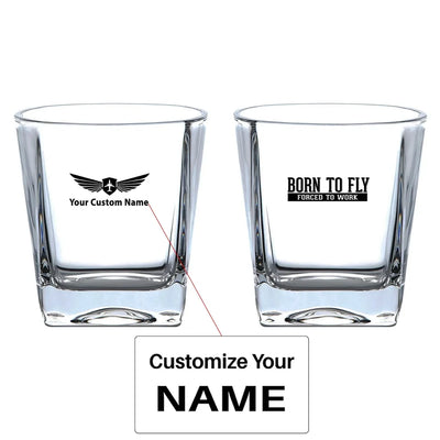 Born To Fly Forced To Work aviation design on whiskey glass, crystal-clear premium glassware.