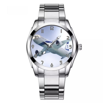 Side view of Close up to Israel Airways (El-al) Boeing 787 aviation watch with stainless steel band in stainless steel, polis.