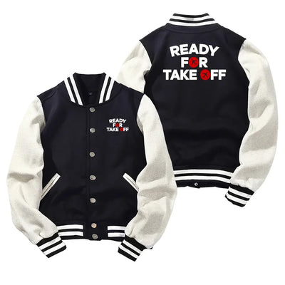 Ready For Takeoff Baseball Style aviation design printed on two-tone shell with ribbed cuffs baseball jacket.
